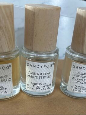 SAND+FOG 3  Amber & Pear Parfum Oil, Vanilla Musk, Jasmine & Cedarwood 15ml each